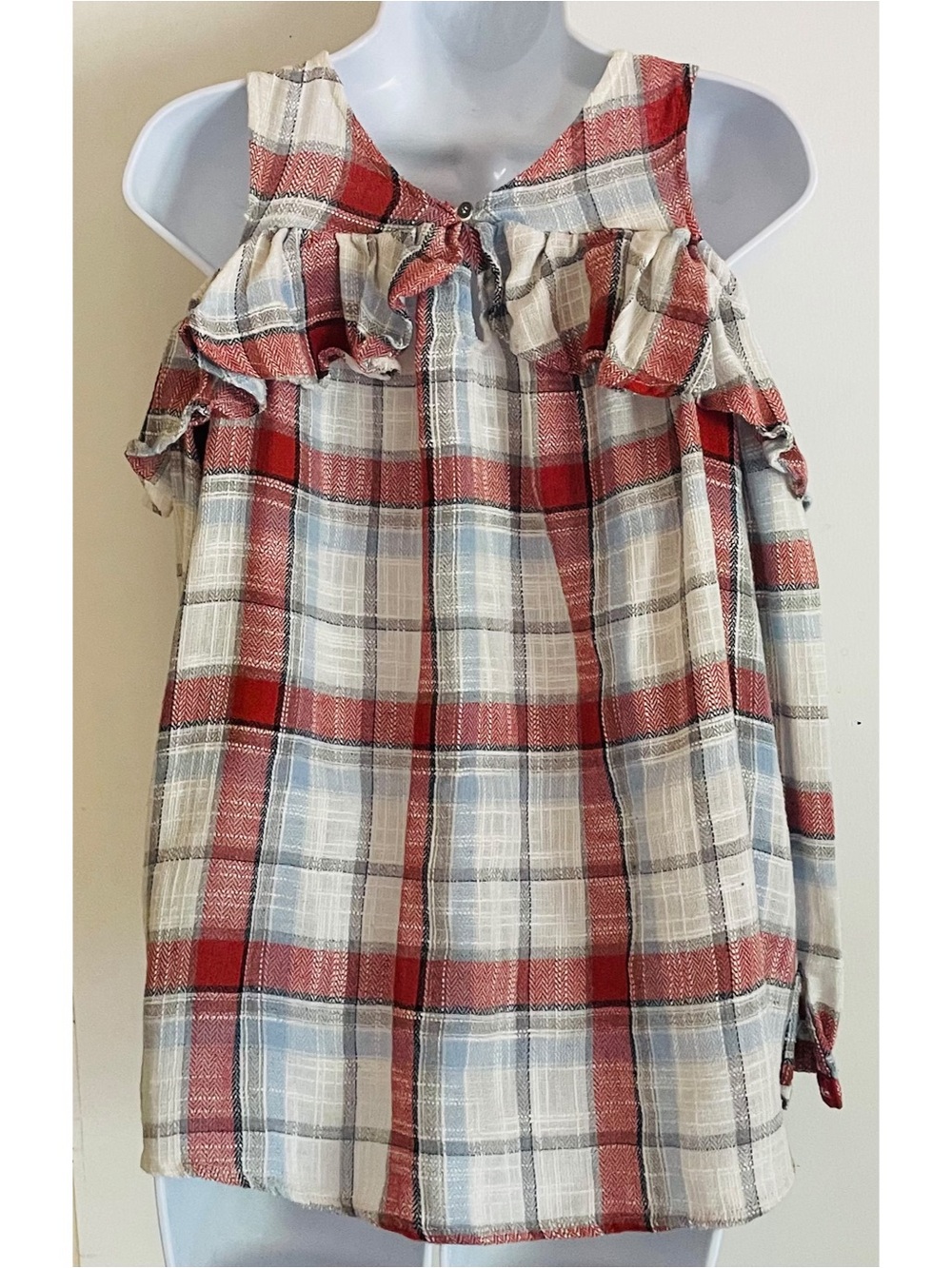 Doe & Rae Cold Shoulder Plaid Ruffle Flannel Top - Picture 6 of 11